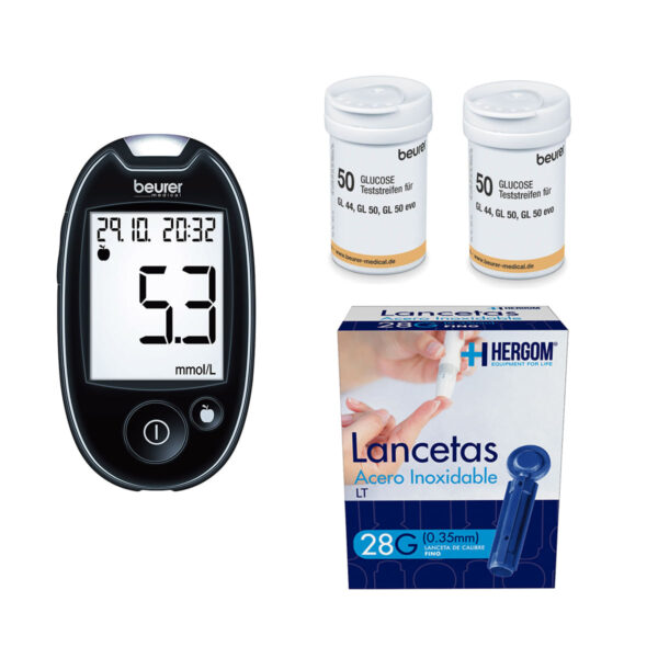 Kit de glucómetro beurer con 100 tiras reactivas y 100 lancetas ultrafinas 28g